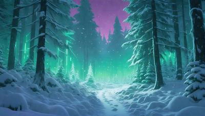 The primary subject of the image is a snowy path surrounded by trees. The setting is a forest with snow-covered trees, creating a serene and wintry atmosphere. The visual style is a digital art or illustration, with a vibrant color palette that includes green, purple, and blue hues. The colors and mood of the image evoke a sense of tranquility and beauty in the winter landscape.